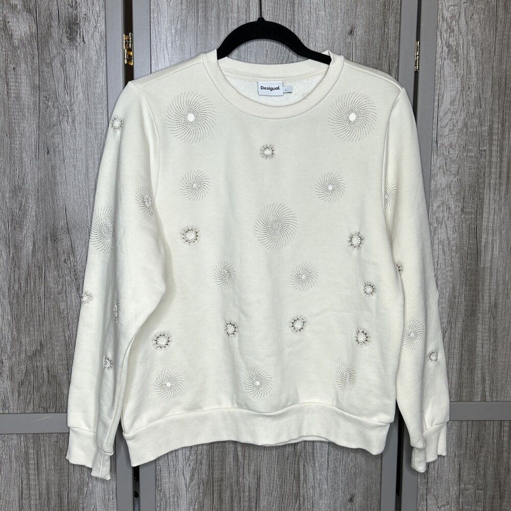 Desigual Sweatshirt Size L Geometric Embroidery Beaded Ivory Fleece Lined